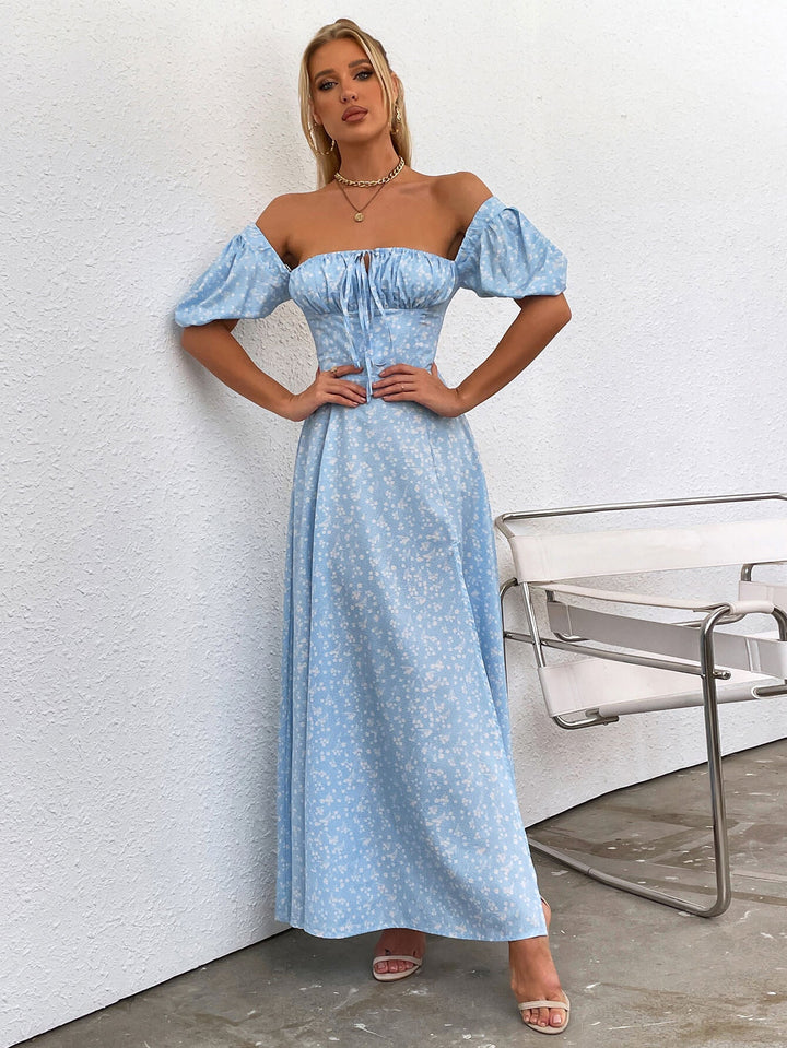 MAYA Floral Puff Sleeve Off Shoulder Flowy Slit Midi Dress