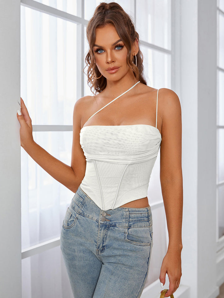 CORA One Shoulder Asymmetrical Hem Mesh Top